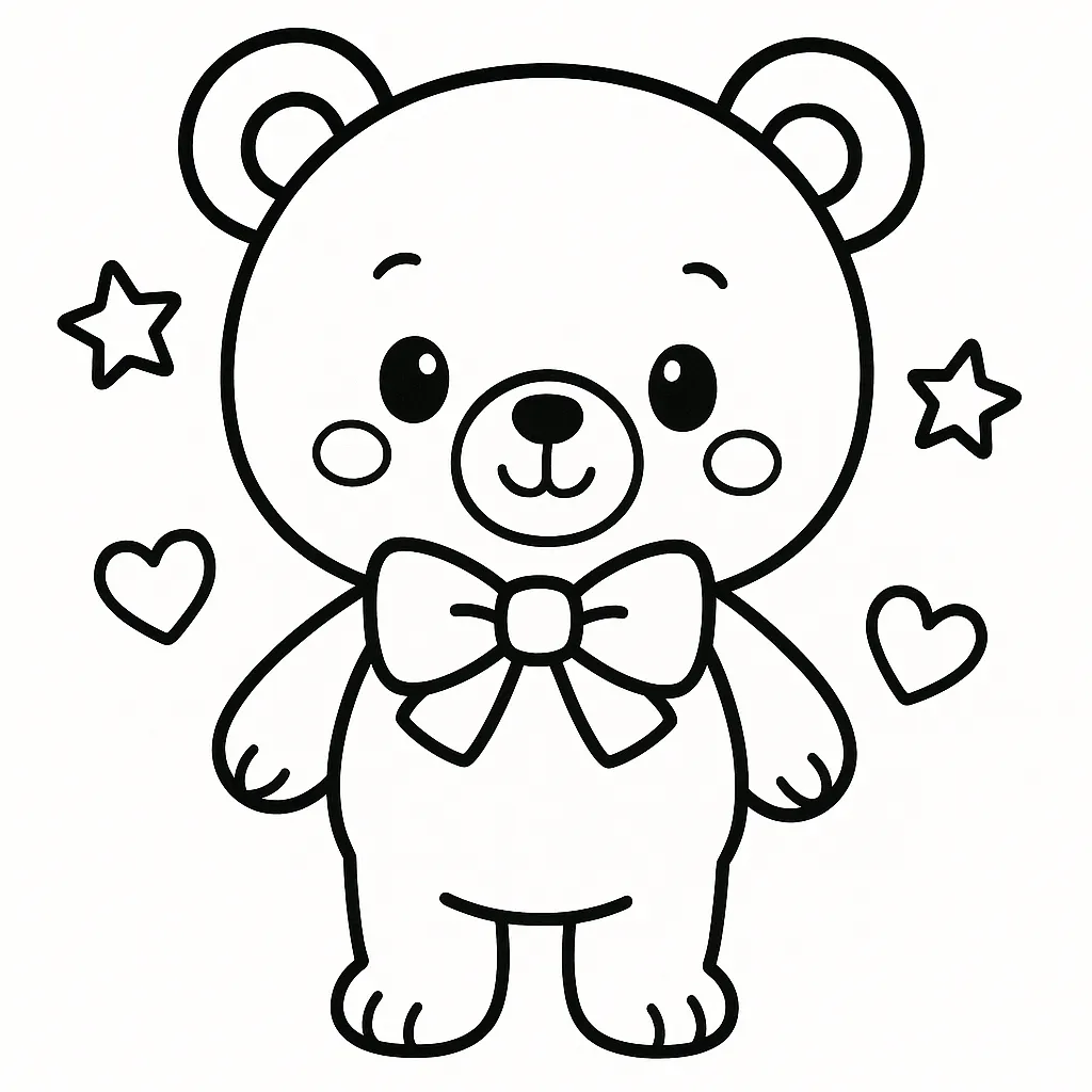 リボンくまの塗り絵キャラクター｜まるいフォルムと大きなリボンが印象的なくまのキャラクター。星やハートに囲まれた構図が愛らしく、やさしい線で描かれた塗り絵キャラクターです。