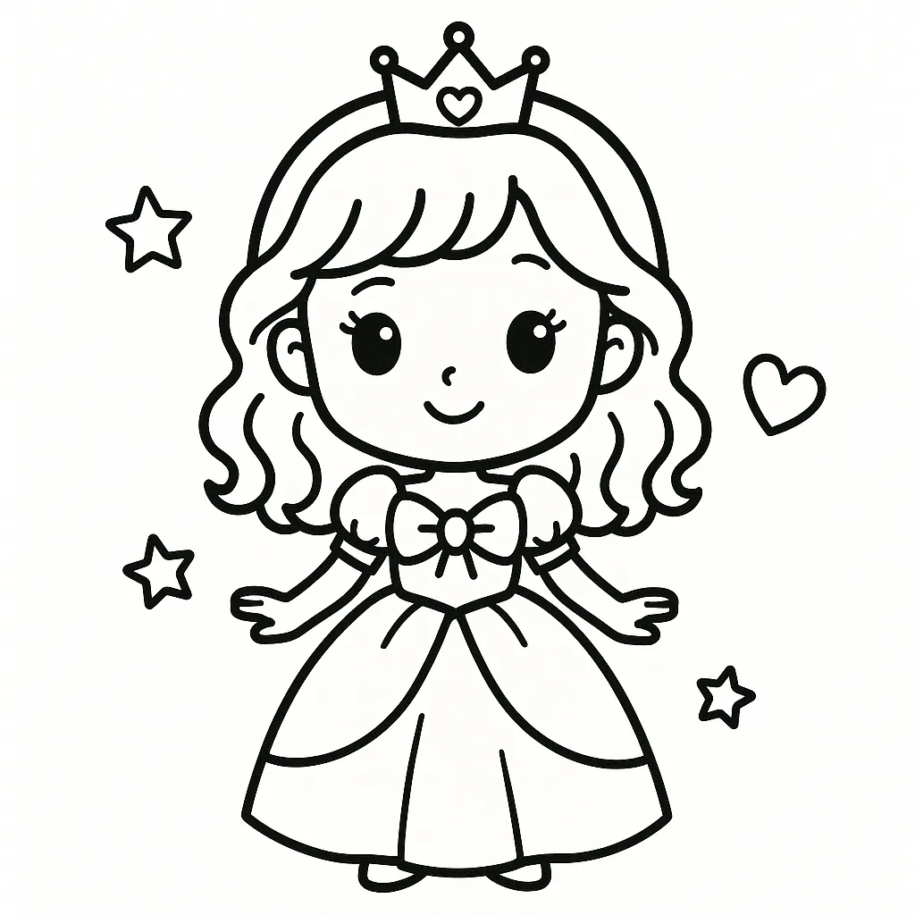 お姫さまの塗り絵キャラクター｜ふわっとした髪とドレスにティアラをのせたキュートな女の子。笑顔と星の背景が魅力的で、小さな子どもでも塗りやすい塗り絵キャラクターです。