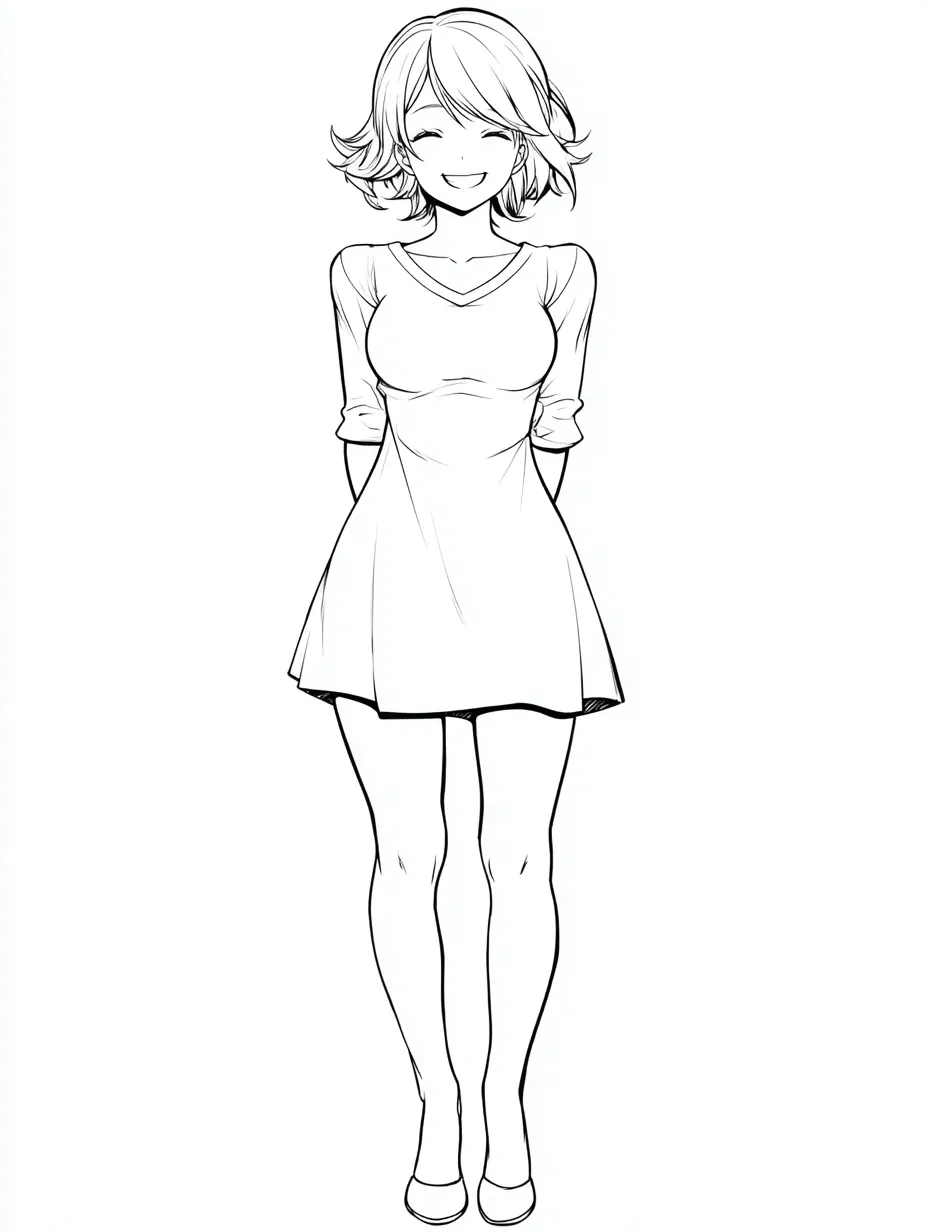 塗り絵 線画｜笑顔の立ち姿の少女｜シンプルなワンピースを着た少女が手を後ろに組んで微笑む全身立ち姿。柔らかなタッチで描かれ、バランスの良いプロポーションが「塗り絵 線画」として塗りやすく、穏やかさと清潔感を与える。
