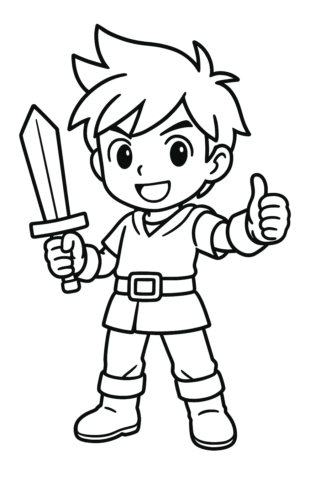 剣士の少年塗り絵キャラクター｜元気いっぱいの少年が剣を構え、親指を立ててポーズ。冒険の始まりを感じさせる構図で、アクティブな塗り絵キャラクターとして楽しめます。