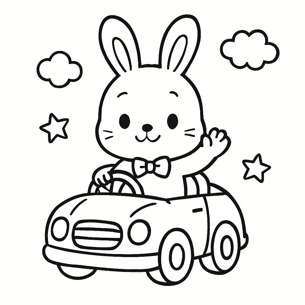 ドライブうさぎの塗り絵キャラクター｜うさぎがオープンカーを運転するユニークな構図。リボンや星がアクセントになっており、動きのある塗り絵キャラクターです。