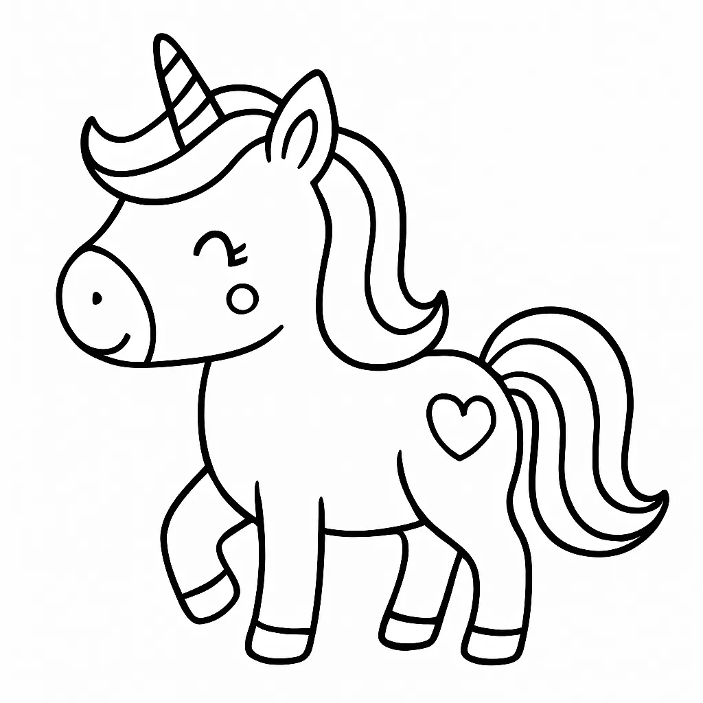 ハート模様のユニコーン塗り絵キャラクター｜優しい笑顔のユニコーンがハートの模様を持ち、童話の世界から出てきたような印象。ファンタジックな塗り絵キャラクターです。