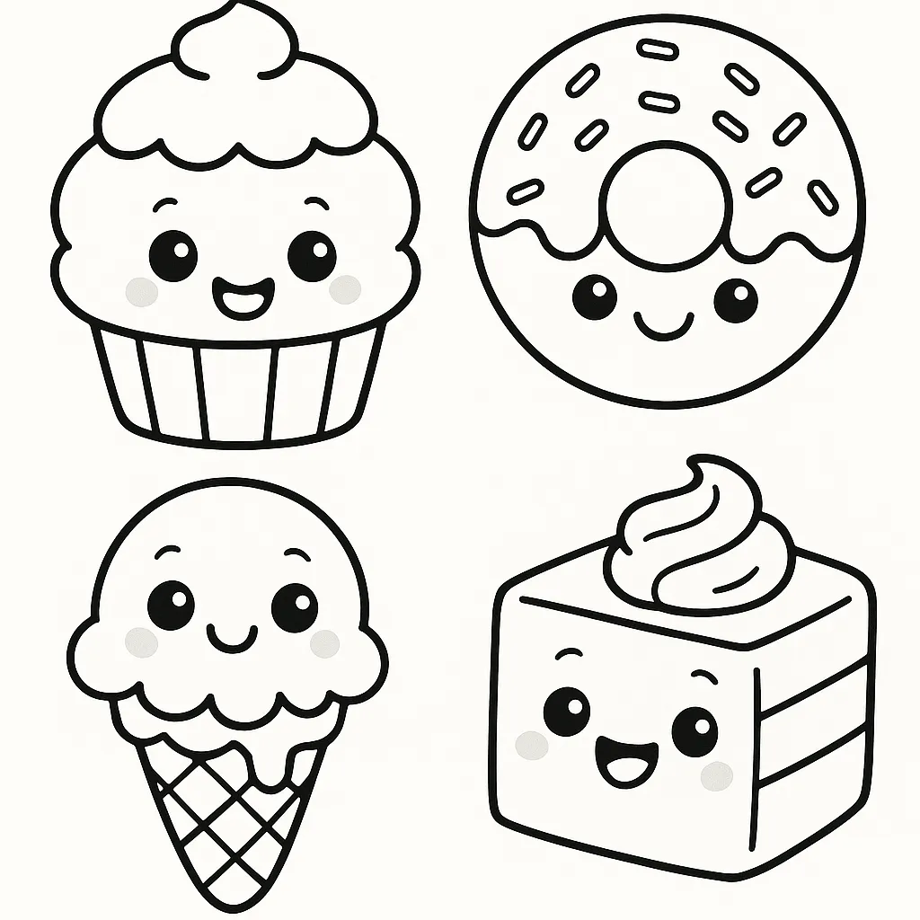 にっこりスイーツの塗り絵こども｜カップケーキやアイス、ドーナツなどのスイーツたちがかわいい表情で並ぶデザイン。丸みのある輪郭と笑顔が、子どもにぴったりな塗り絵こども向け作品です。