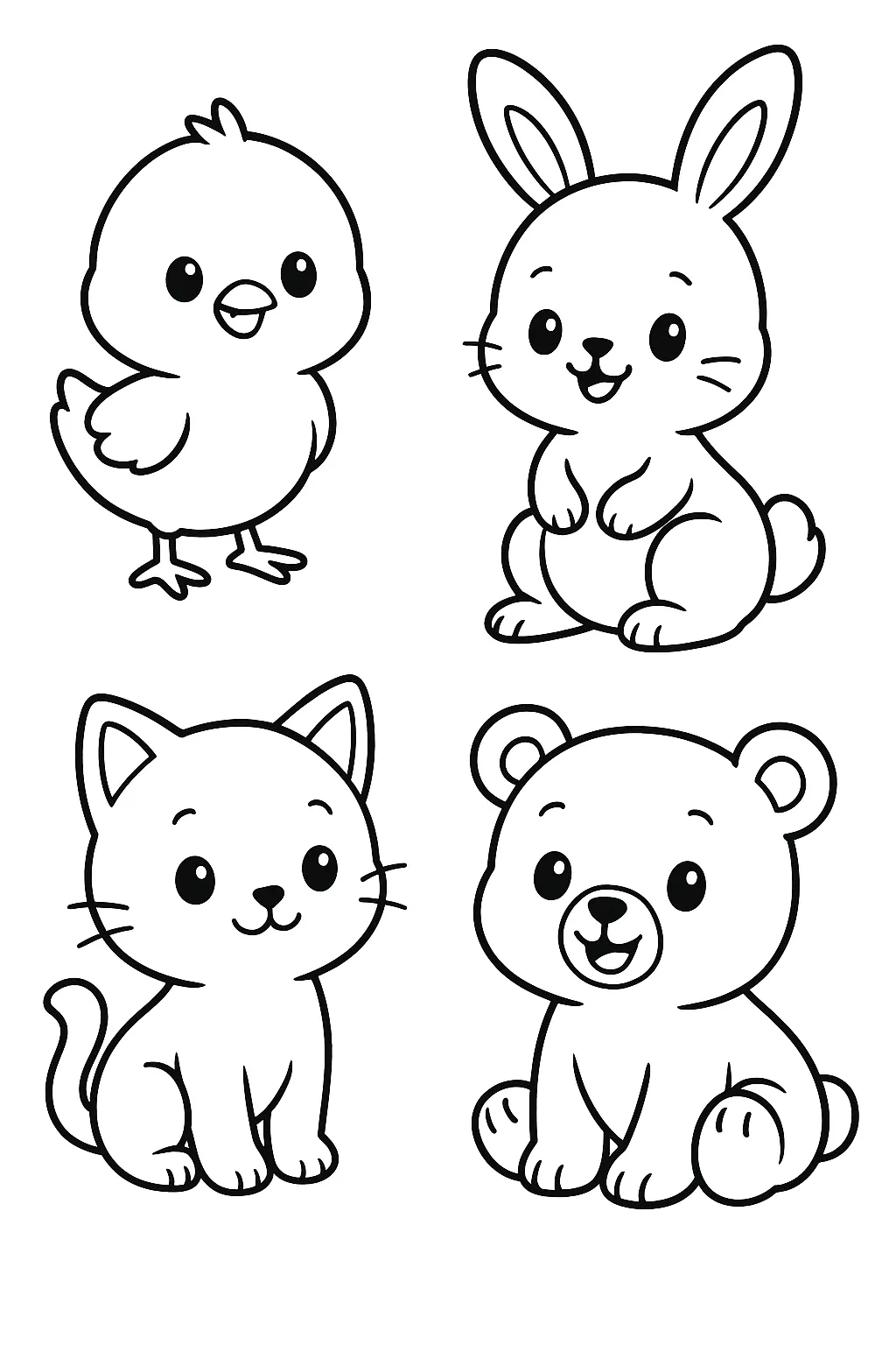 やさしい動物たちの塗り絵こども｜うさぎやひよこ、ねこやくまなど、親しみやすい動物キャラが集合。優しい線画とバランスの良い構図が特徴の、初心者にも安心な塗り絵こどもです。
