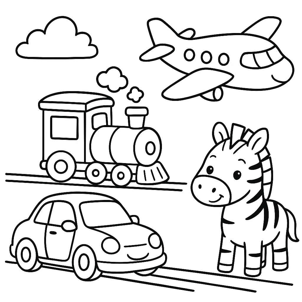 のりものとシマウマの塗り絵こども｜車や電車、飛行機といったのりものに加えてシマウマも登場する楽しい構成。乗り物好きな子におすすめの塗り絵こどもシリーズです。