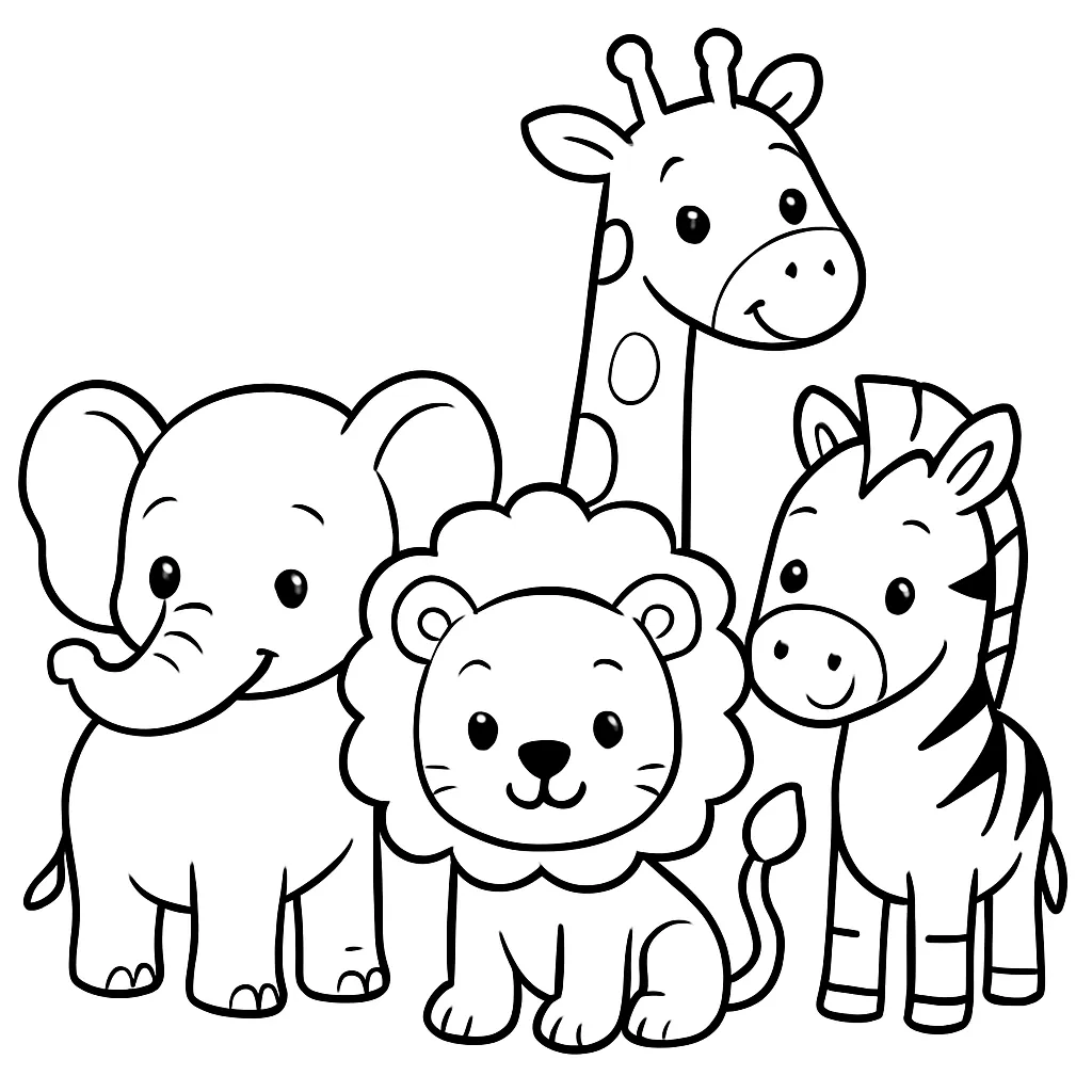 ジャングルの仲間たち塗り絵こども｜ゾウやライオン、キリンやシマウマなど、サバンナ風の動物が可愛く集合。丸く描かれた目が特徴的な塗り絵こども向けイラストです。