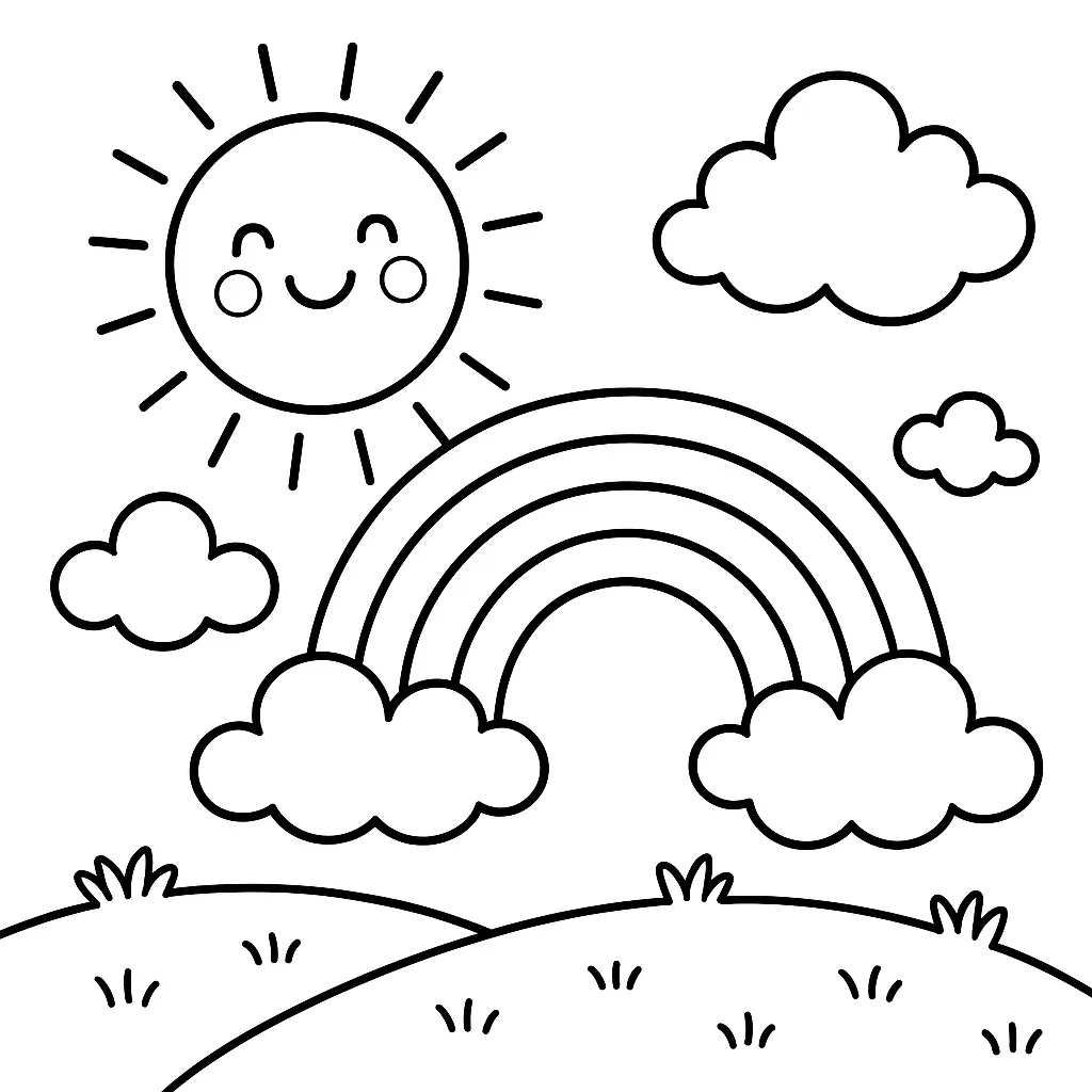 にじとおひさまの塗り絵こども｜晴れた空に虹がかかる心温まる風景で、にこにこ顔の太陽が印象的。自然モチーフでやさしい気持ちになれる塗り絵こどもにぴったりです。