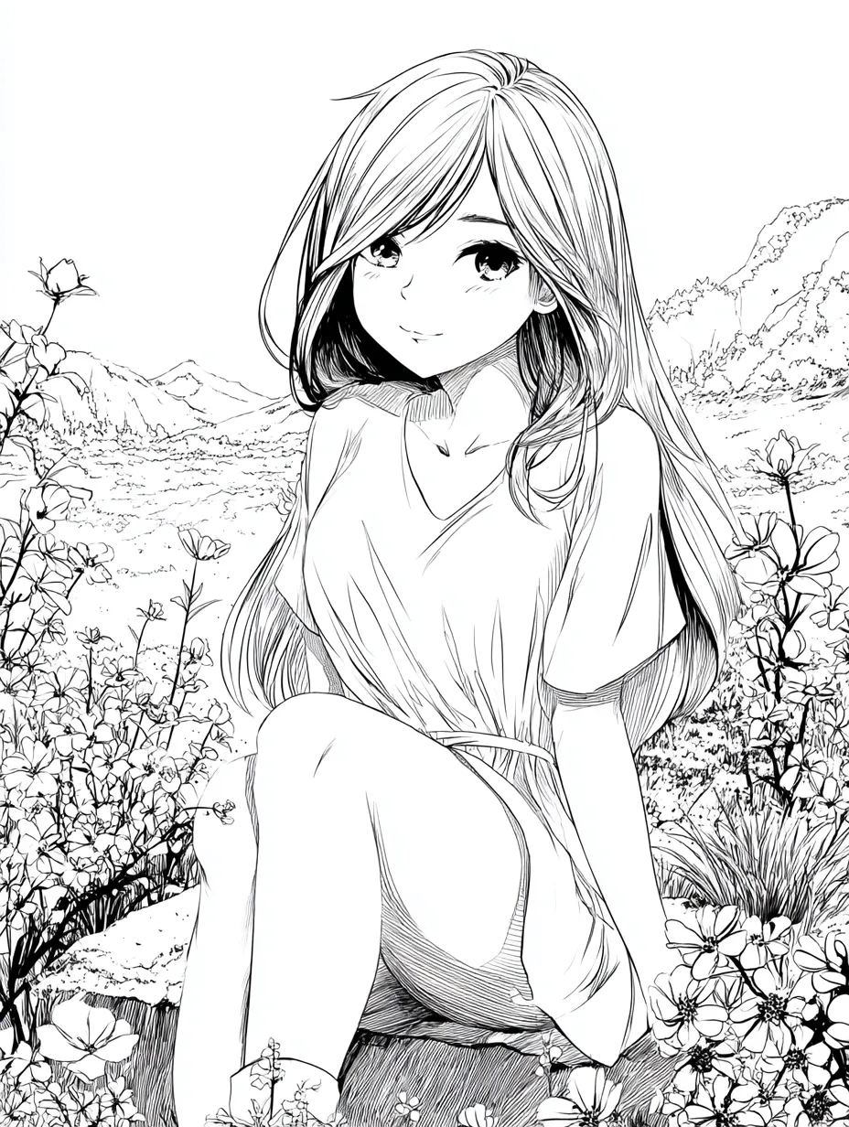 塗り絵 線画｜花畑に座る少女｜一面の花畑の中に座る少女を繊細な筆致で描写。背景まで細かく描かれており、「塗り絵 線画」として塗る楽しみが詰まった自然との調和を感じさせる静謐な作品。