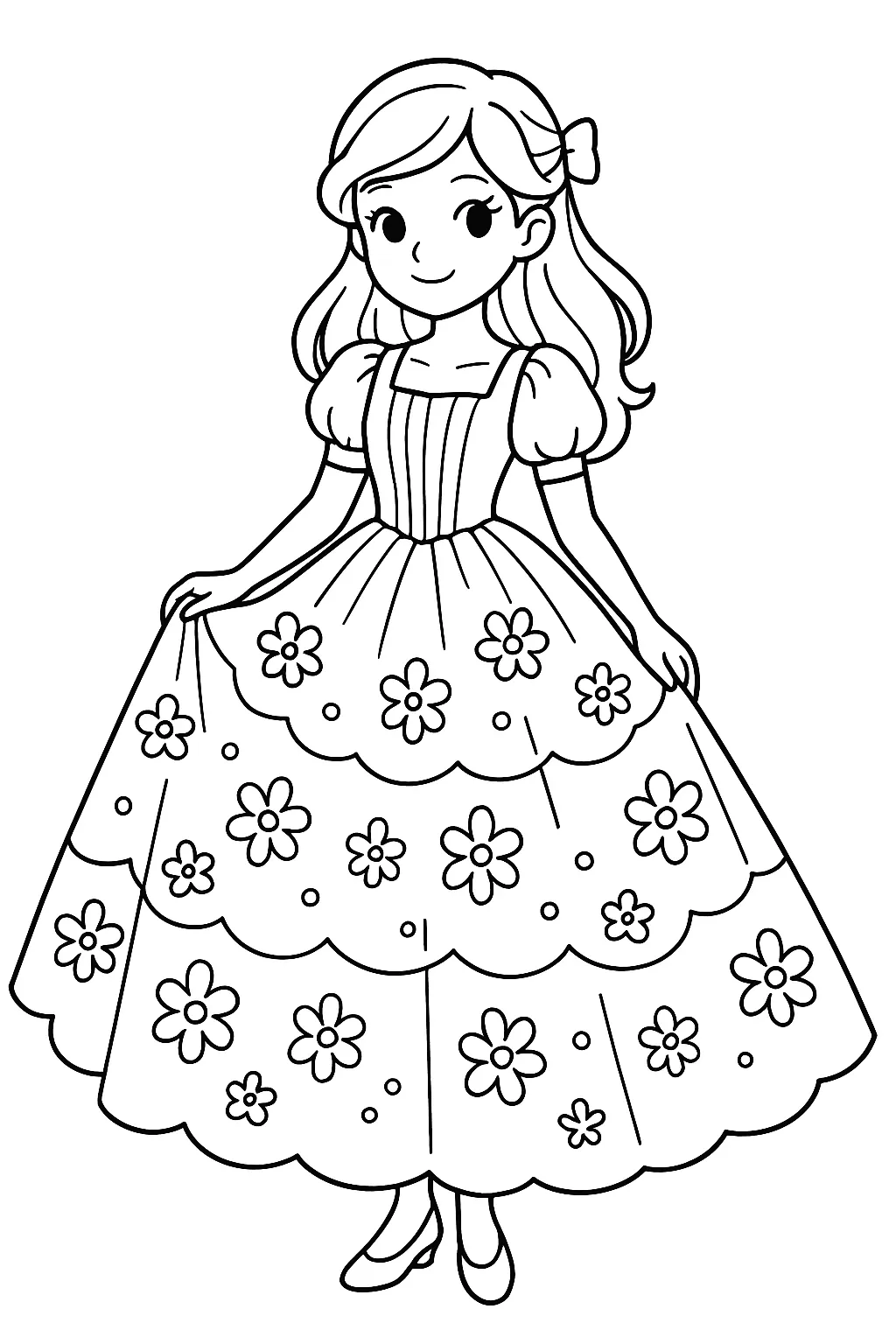 花柄ドレスの女の子塗り絵こども｜大きな花が咲いたドレスを着た女の子が微笑む優美なスタイル。服の模様が豊かで、塗る楽しさが詰まった塗り絵こども作品です。