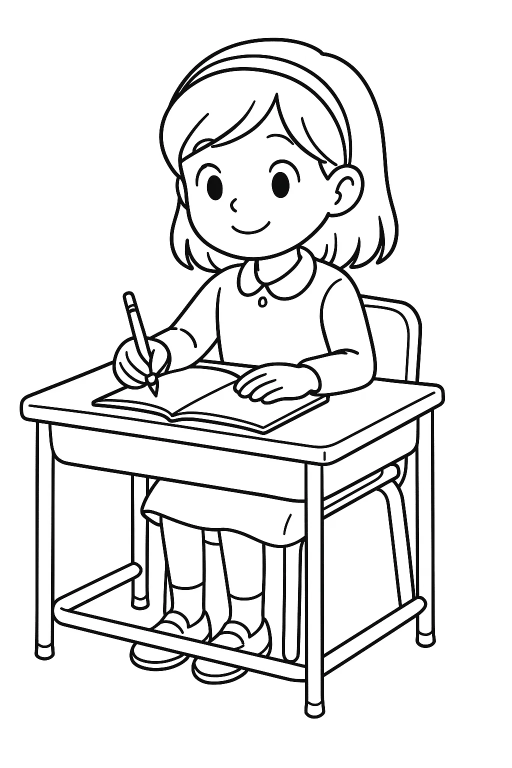 机でお勉強する女の子塗り絵こども｜学校の机に向かってノートを書く女の子が描かれた一枚。日常の一コマを優しいタッチで表現した、学習モチーフの塗り絵こどもです。