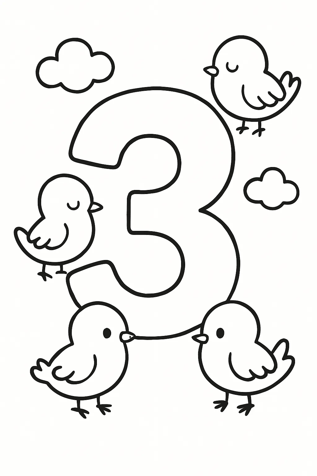 ことりと数字3の塗り絵数字｜大きな数字のまわりに小鳥たちが集まって楽しげな構図。やさしい表情の動物が数字を囲むことで親しみやすく、学びの第一歩となる塗り絵数字です。