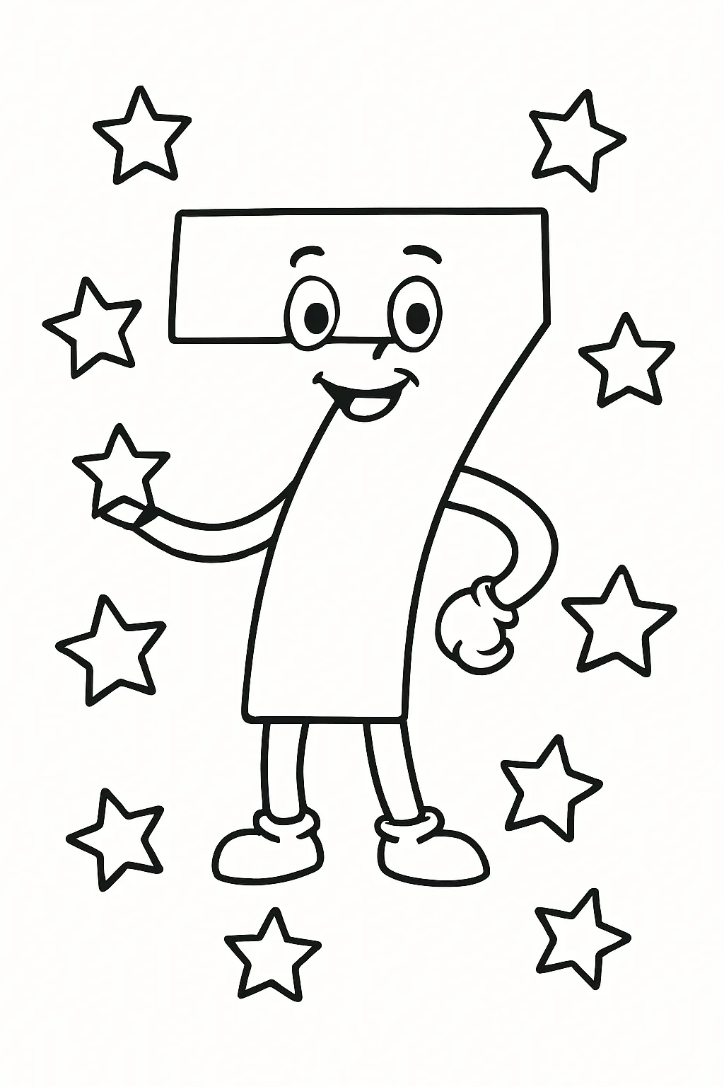 星に囲まれた数字7の塗り絵数字｜キャラクター風の7が自信満々のポーズで笑顔を見せるデザイン。周囲の星と一体になって明るい印象を与える塗り絵数字になっています。