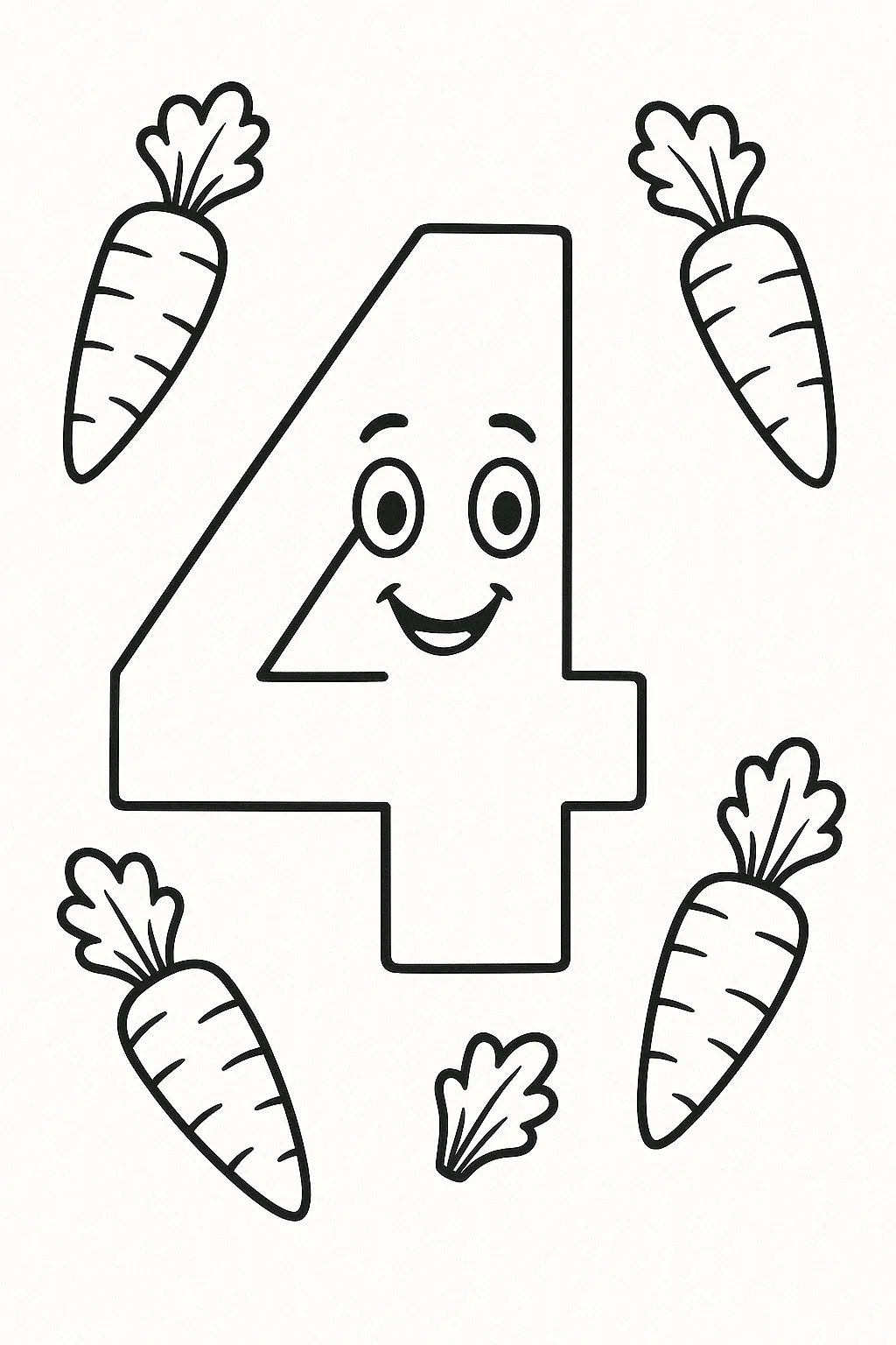 にんじんと笑顔の数字4の塗り絵数字｜にんじんをモチーフにしたデザインと組み合わせ、笑顔の4が生き生きと描かれています。食育にもつながる塗り絵数字です。