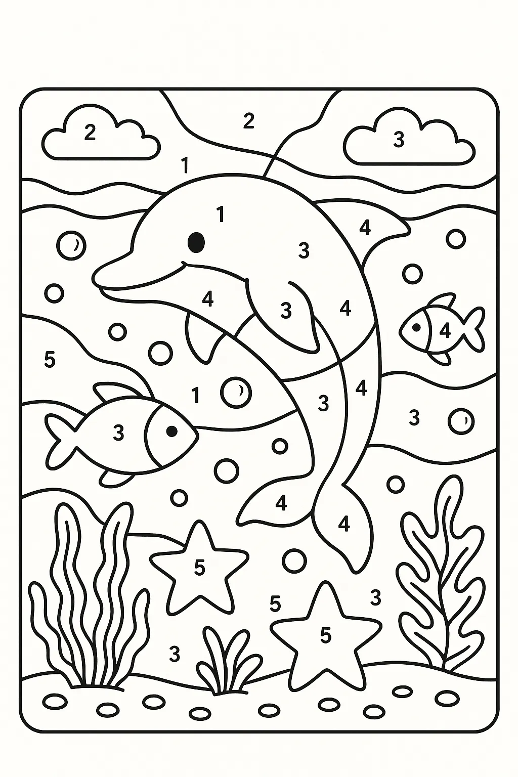 海の中の数字塗り絵数字｜イルカや魚が泳ぐ海の背景に数字が各エリアに配置された塗り分け形式。図形認識と色遊びを兼ねた楽しい塗り絵数字です。