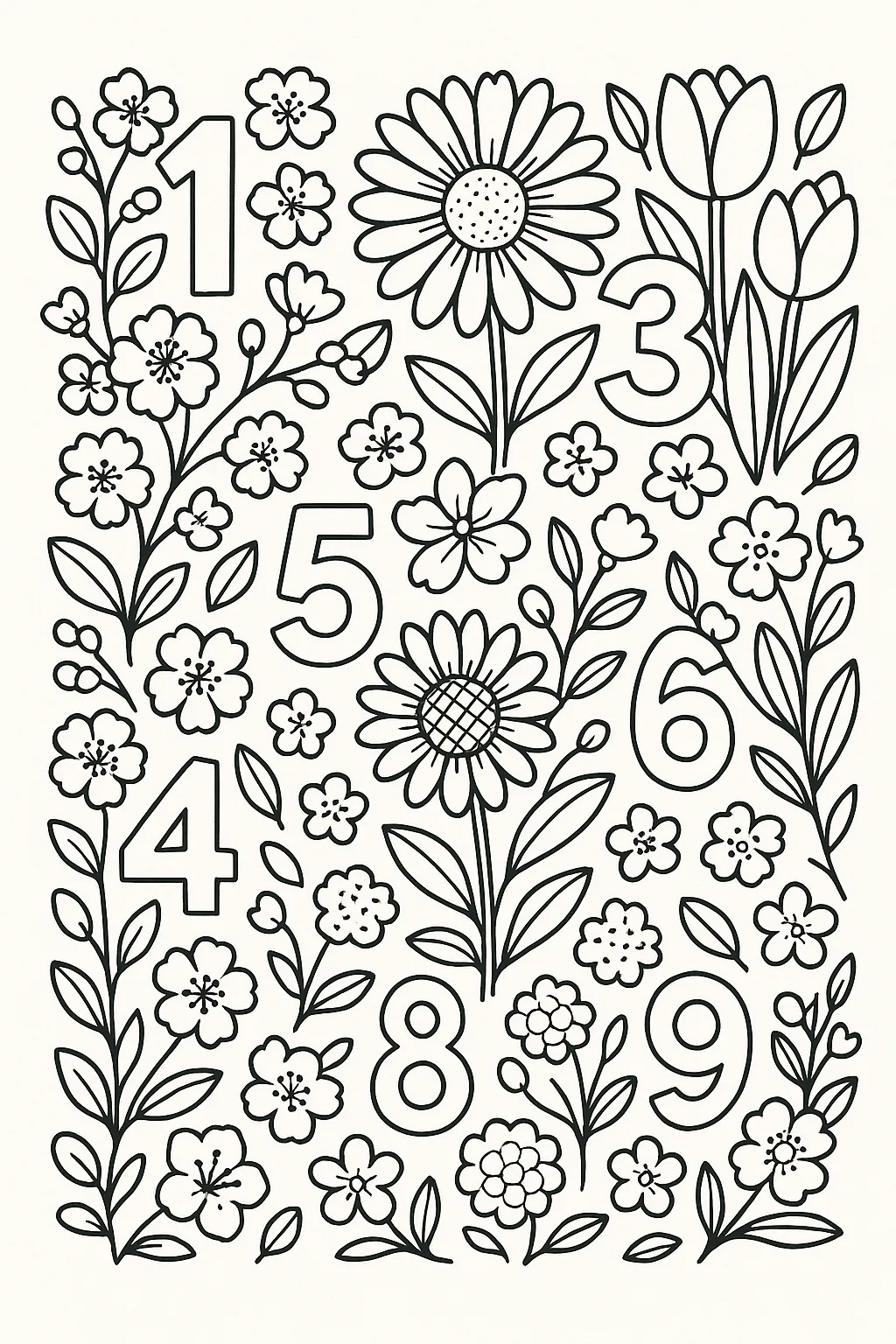 花と数字いっぱいの塗り絵数字｜花々が咲き乱れる中に1から9までの数字がちりばめられた華やかな構図。視覚的に数字に触れられる塗り絵数字です。