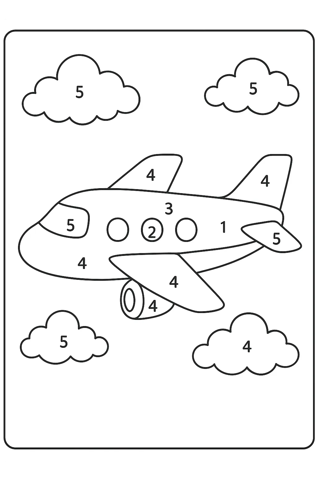 飛行機と数字の塗り絵数字｜飛行機と雲の中に数字が描かれており、部位ごとに塗る楽しみがあります。乗り物好きな子にもぴったりな塗り絵数字です。