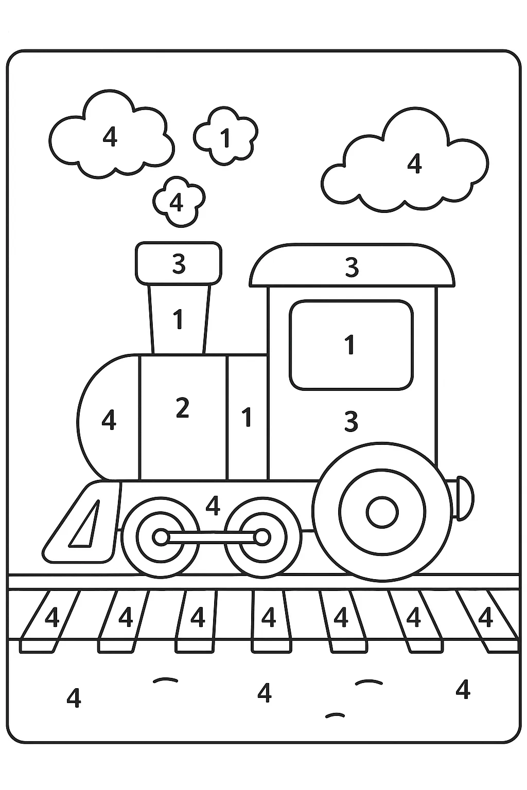 きかんしゃと数字の塗り絵数字｜機関車とレール、煙にいたるまで数字がふられており、細かく塗り分けができる構成。集中力を養う塗り絵数字としてもおすすめです。