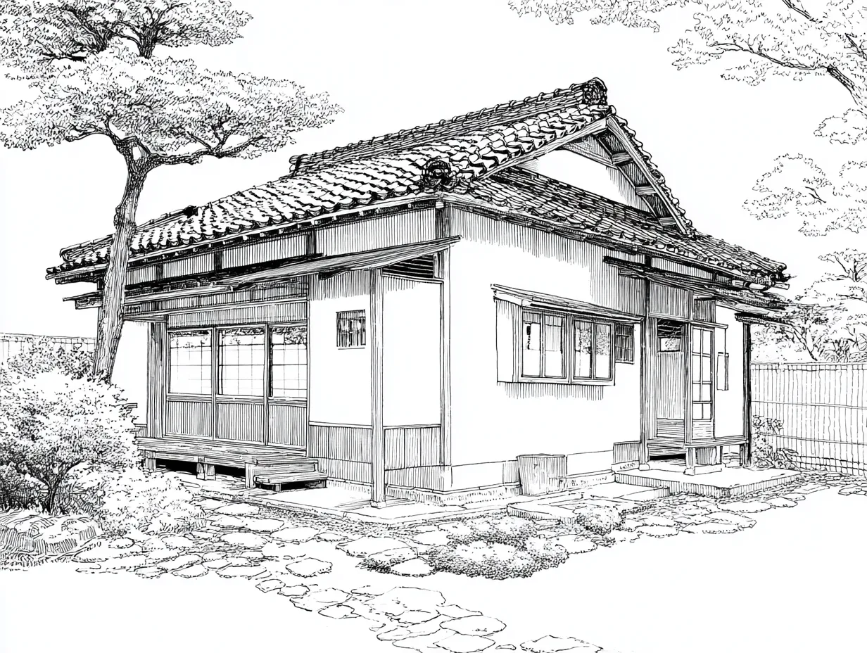 塗り絵 高齢者｜日本家屋の外観｜伝統的な日本家屋を丁寧な線で描いた一枚。屋根瓦や縁側、植栽まで細かく描写されており、懐かしさを感じる「塗り絵 高齢者」向けの情緒あふれる題材。