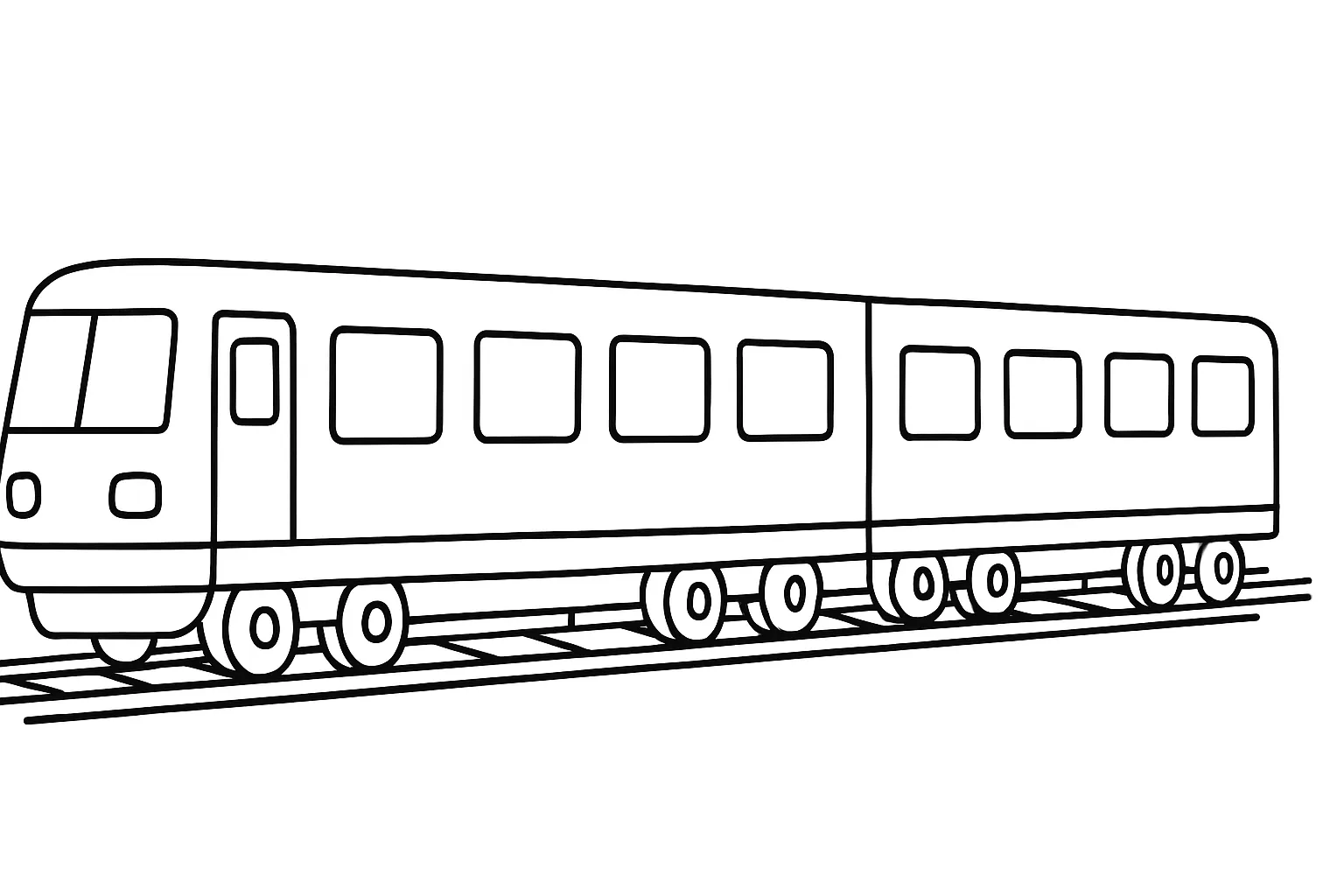 塗り絵乗り物・電車のぬりえ｜丸みを帯びた先頭車両が親しみやすく、均等に配置された窓がリズム感を生むシンプルな線画で、子どもでも塗りやすい塗り絵乗り物です。線が太めで安定感があり、描き込みすぎないことで自由な発想を広げます。