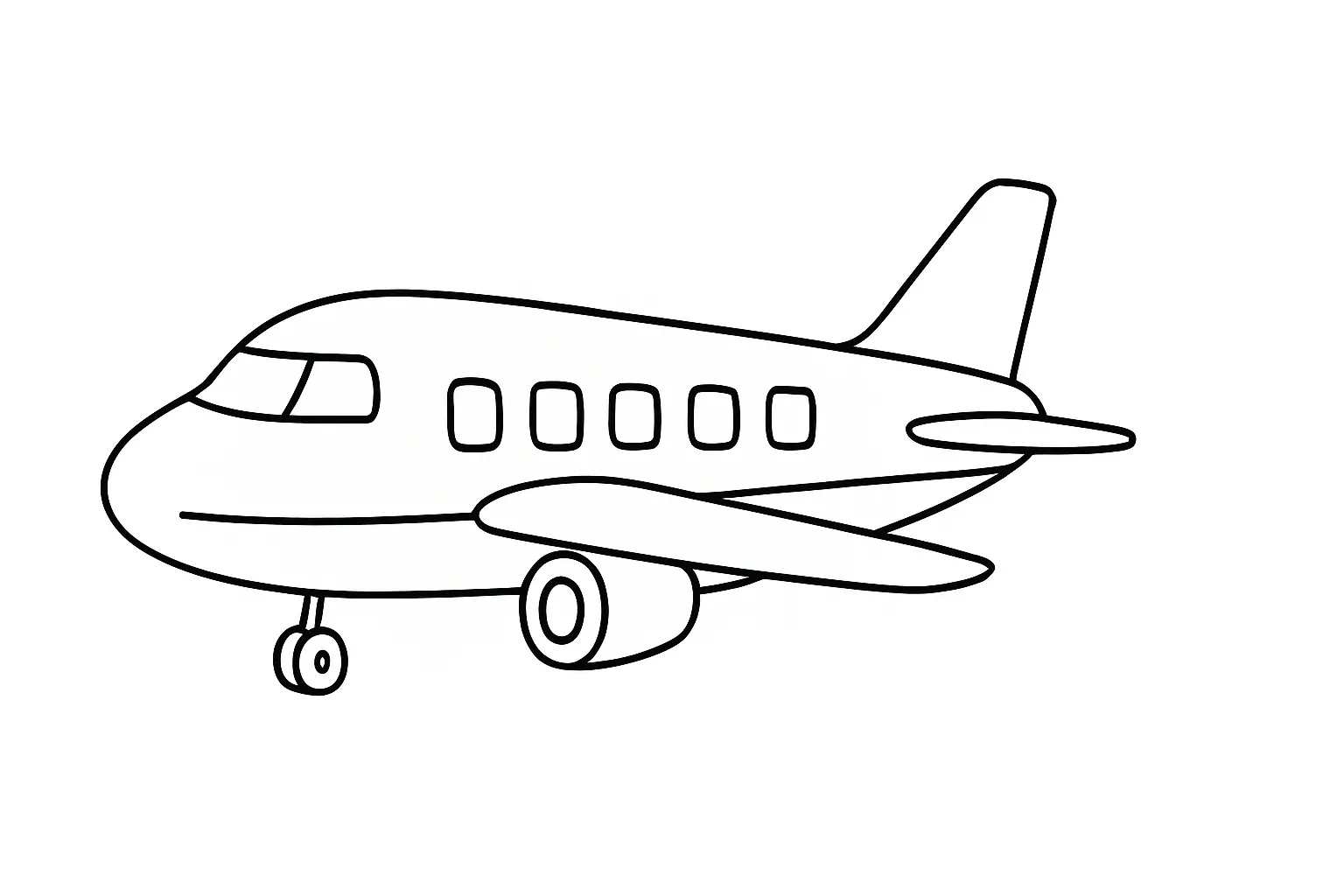塗り絵乗り物・飛行機のぬりえ｜滑らかなボディラインと均整のとれた窓や翼が特徴で、躍動感よりも安定感を重視したデザインの塗り絵乗り物です。描線がすっきりとしていて、空への想像を膨らませる余白の多さも魅力です。