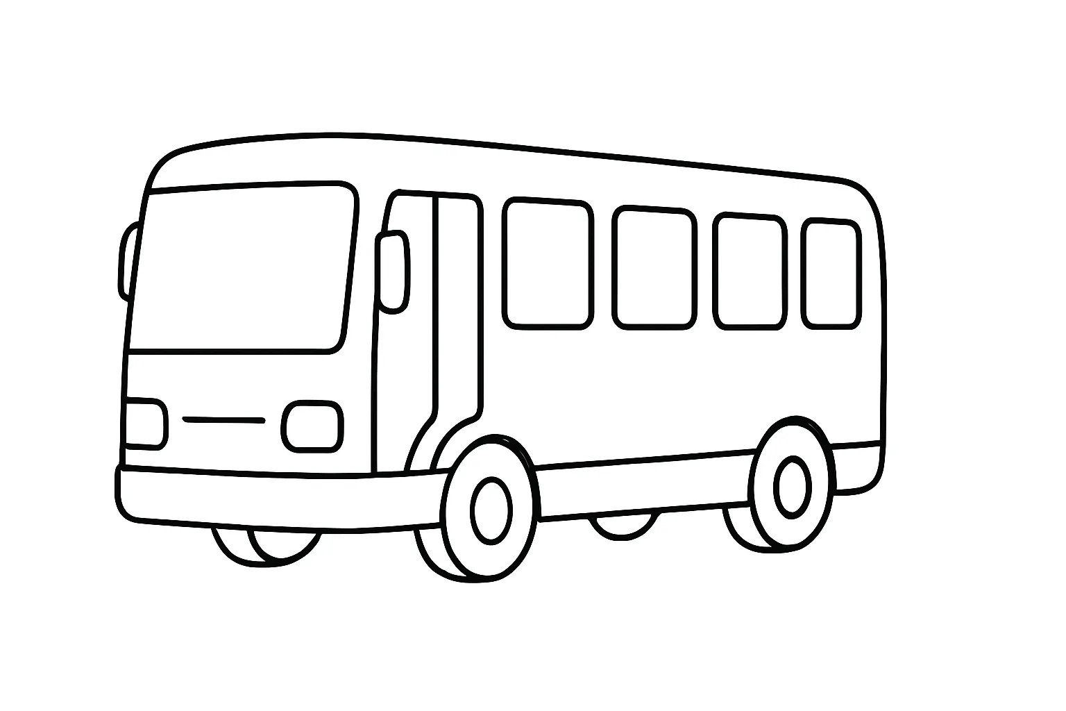 塗り絵乗り物・バスのぬりえ｜車体全体に柔らかな曲線が用いられ、愛嬌のある外観が印象的な塗り絵乗り物です。ドアや窓も大きく描かれていて、シンプルながらも実在感があり、街中の風景を連想しやすい構成です。
