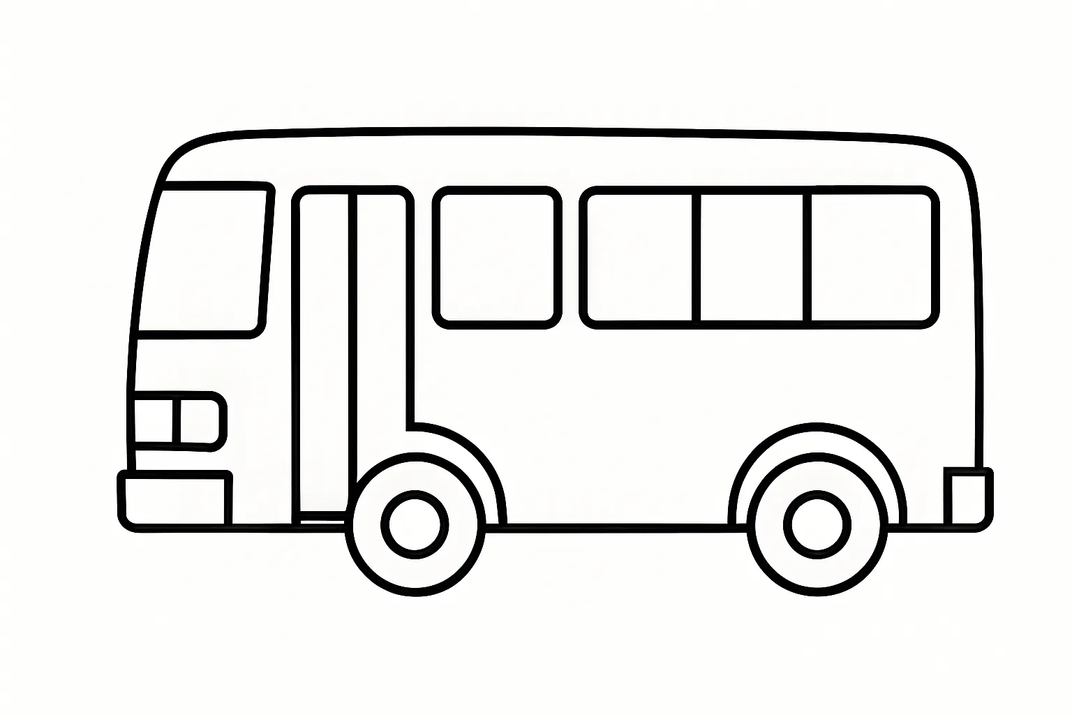 バスの塗り絵：街を走るふつうのバス｜日常の中で見かけるシンプルな路線バスを横から描いた基本構成です。窓・タイヤ・ドアなどのパーツが大きく、色分けしやすいデザインで初めての塗り絵にもおすすめです。