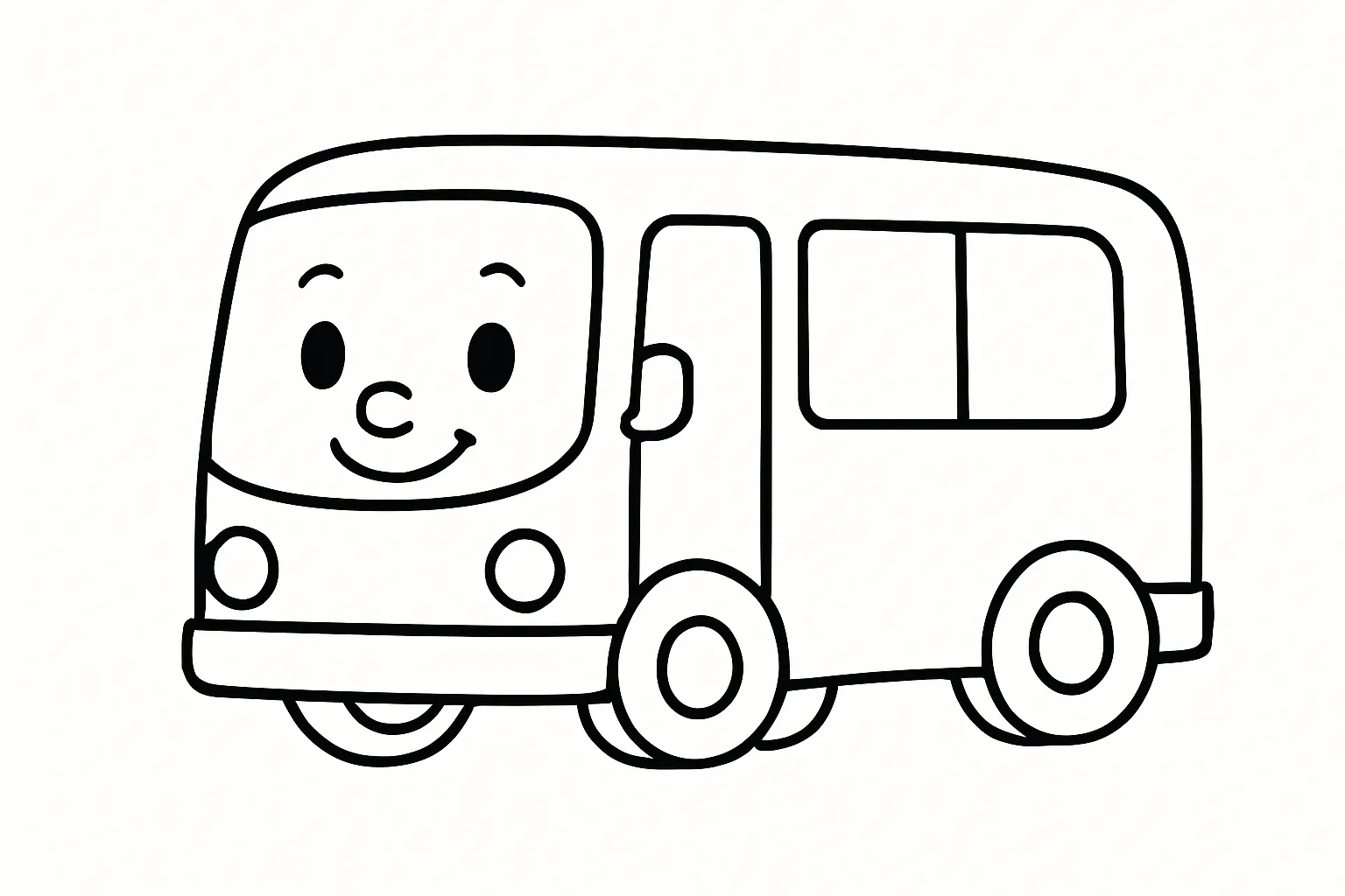 バスの塗り絵：かわいい顔つきバス｜前面に顔のようなライトやにっこりした表情をもつキャラクター風バスの塗り絵です。親しみやすく、自由に模様や表情を描き足して楽しむこともできます。