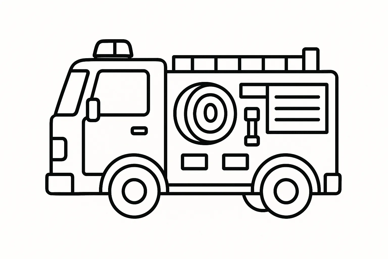 消防車の塗り絵：ホースを積んだ消防車｜車体の側面に大きなホースや道具を載せた消防車を描いた構図です。収納扉や工具ボックスの形がシンプルに整理され、細部を塗り分けながら装備の理解も深められます。