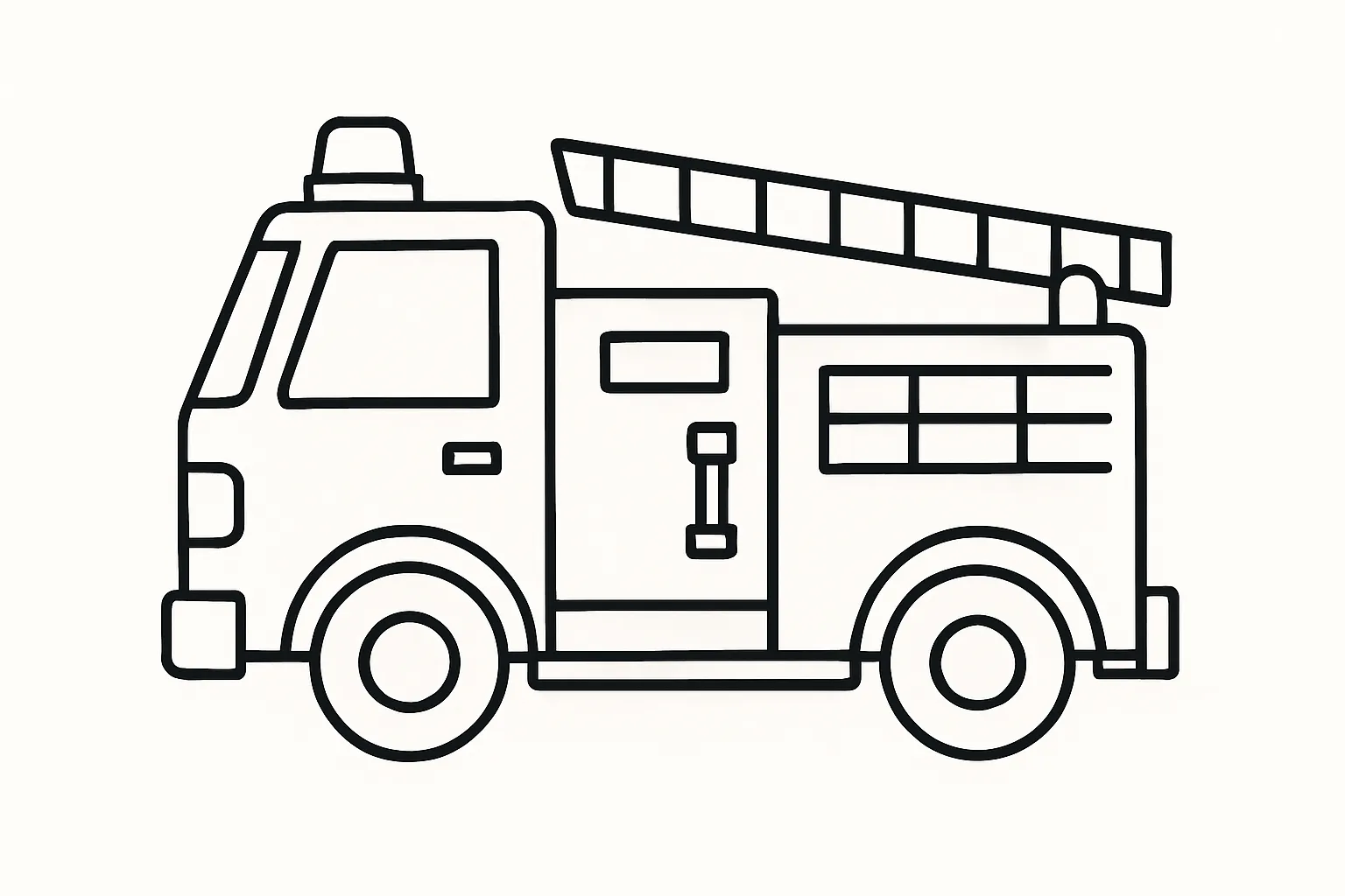 消防車の塗り絵：はしご車が活躍する様子｜長いはしごを伸ばしている消防車の姿を描いたデザインで、上方向への動きを感じさせます。はしご部分と車体を分けて塗れる構成が、塗り絵としての自由度を高めます。
