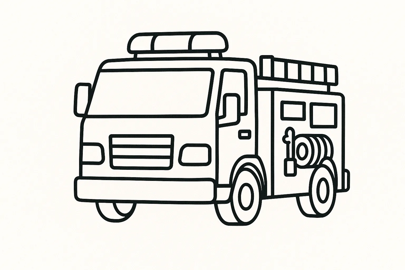消防車の塗り絵：前向きに走る消防車｜やや斜め前方から見た構図で、サイレンや窓、前照灯が目立つ迫力のある仕上がりです。スピード感と臨場感のある描写で、想像を膨らませて楽しめます。