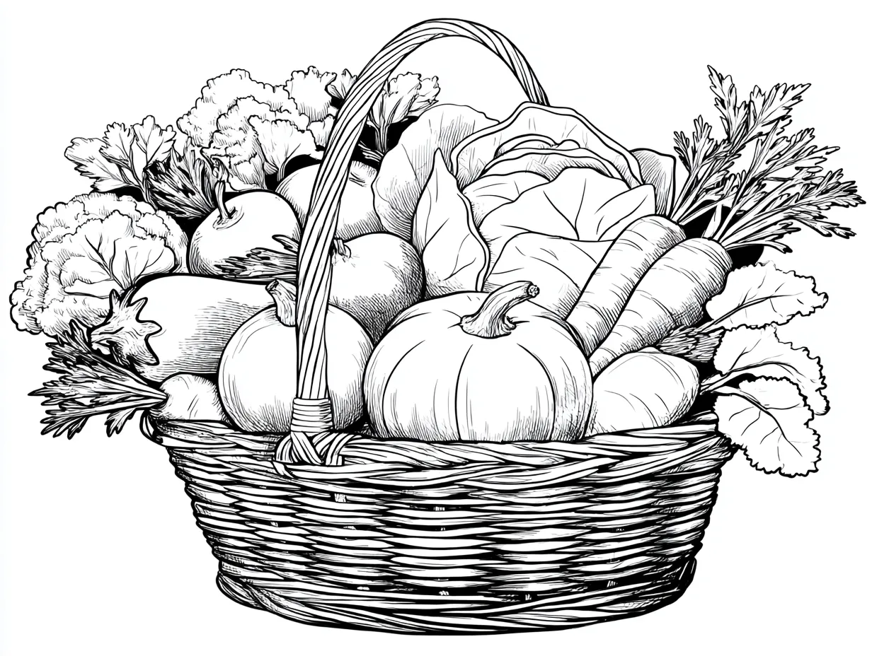 塗り絵 高齢者｜野菜いっぱいの籠｜かごにあふれる野菜をリアルな線で丁寧に描いた作品。キャベツや人参、かぼちゃなど身近な野菜が主役で、「塗り絵 高齢者」として季節感と健康への関心を引き出す構成。