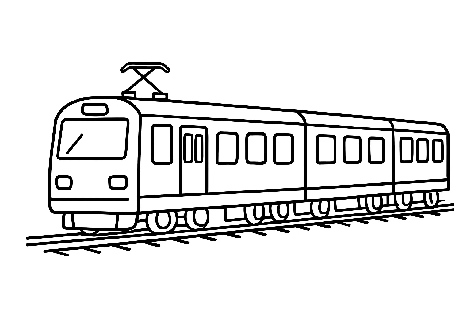 電車の塗り絵：まっすぐ進む電車｜線路の上をまっすぐに進む通勤型電車を横から描いた基本構成です。車両の数・窓の繰り返しがリズムよく、配色や模様で工夫しながら楽しく塗れます。