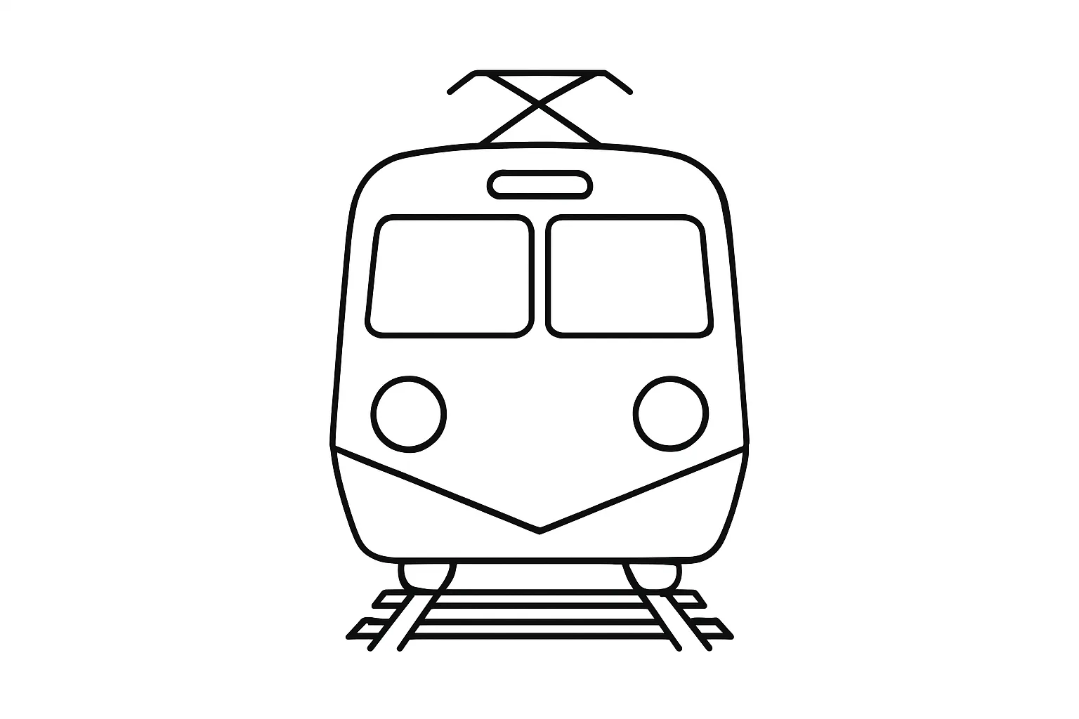 電車の塗り絵：先頭車両を大きくアップ｜先頭車両を正面から大きく描いた構成で、顔のような形を塗る楽しさがあります。ライトや窓、パンタグラフなどを自由に色分けして、自分だけの電車に仕上げられます。