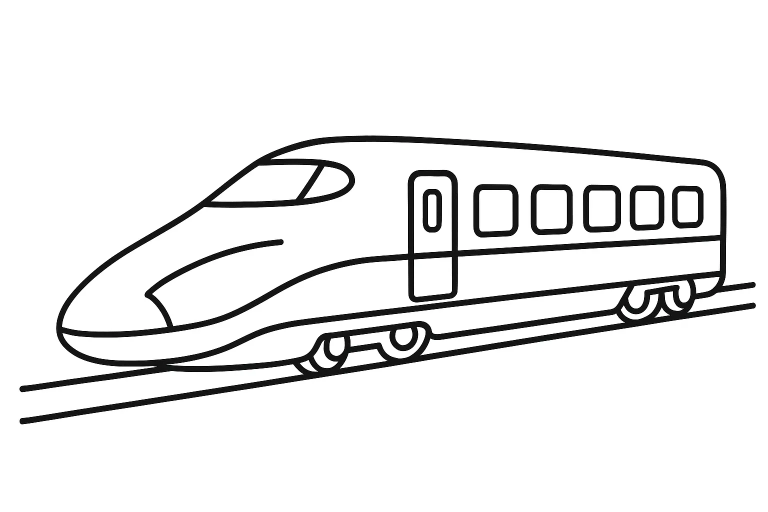 新幹線の塗り絵：まっすぐ進む新幹線｜横向きにまっすぐ進む新幹線をシンプルに描いた構成です。車両の連なりや窓の整列が美しく、スピード感と整ったフォルムを楽しみながら塗ることができます。