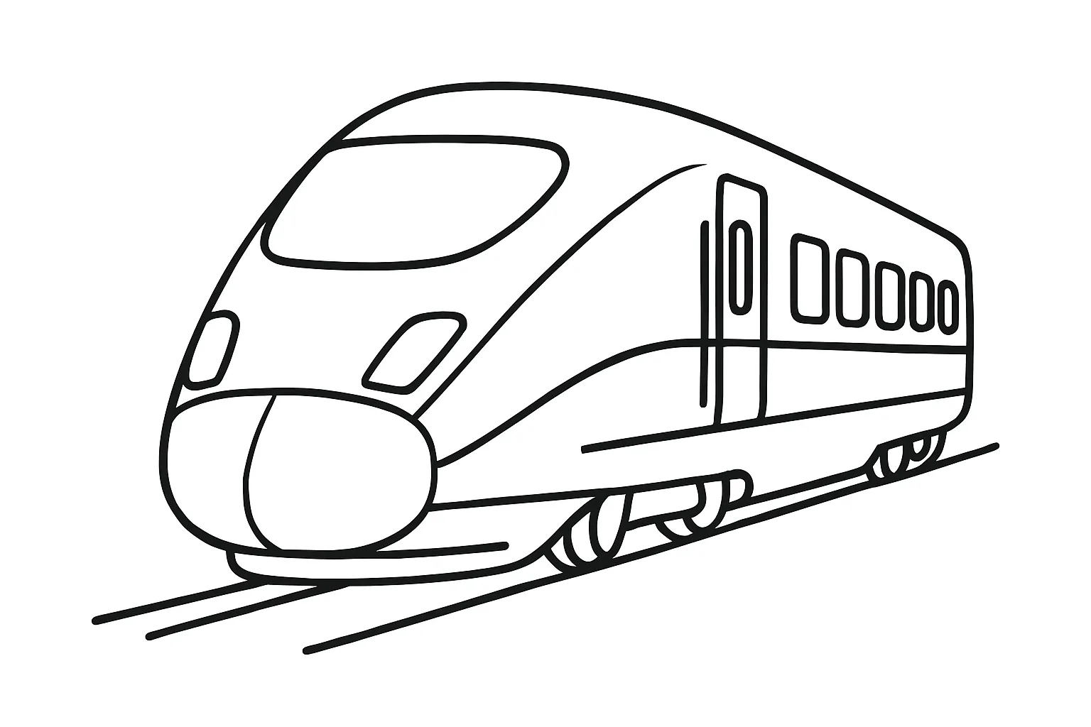 新幹線の塗り絵：先頭車両を大きくアップ｜新幹線の先頭部分だけをアップにして真正面または斜め前から描いた構成です。流れるようなラインと窓の配置が楽しく、細部の色づけにも工夫ができます。