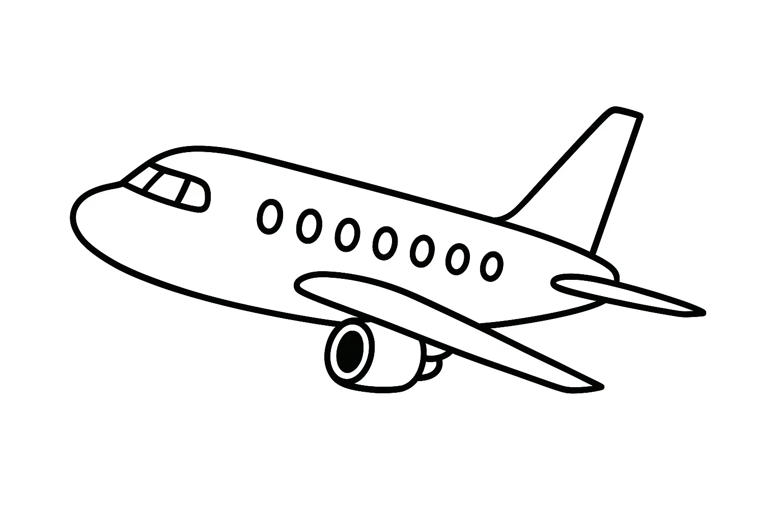 飛行機の塗り絵：斜めに上昇する飛行機｜機体を斜めに上向きで描き、飛び立つ瞬間や上昇中の様子をイメージした構図です。ダイナミックな角度と速度感が特徴で、空への広がりを感じながら塗れます。