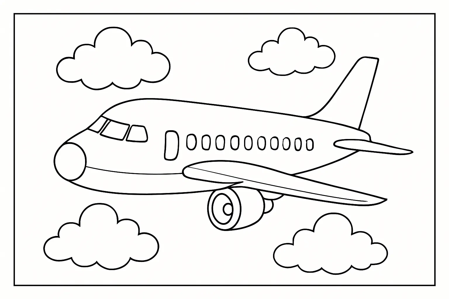 飛行機の塗り絵：前向きに飛ぶ正面ビュー｜飛行機を正面から大きく描き、まっすぐこちらに向かってくる構図です。胴体の奥行きや主翼の広がりが印象的で、力強い構成として塗りがいがあります。