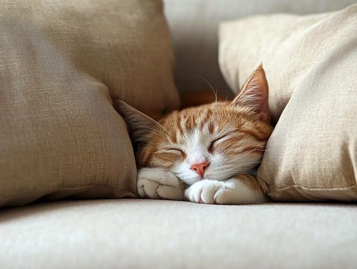 面白い猫画像・写真　クッションの間の猫天国｜ベージュのクッションに挟まれて眠る茶トラ猫の表情があまりに気持ちよさそうで、面白い猫画像として思わず真似したくなる癒し系ビジュアルです。