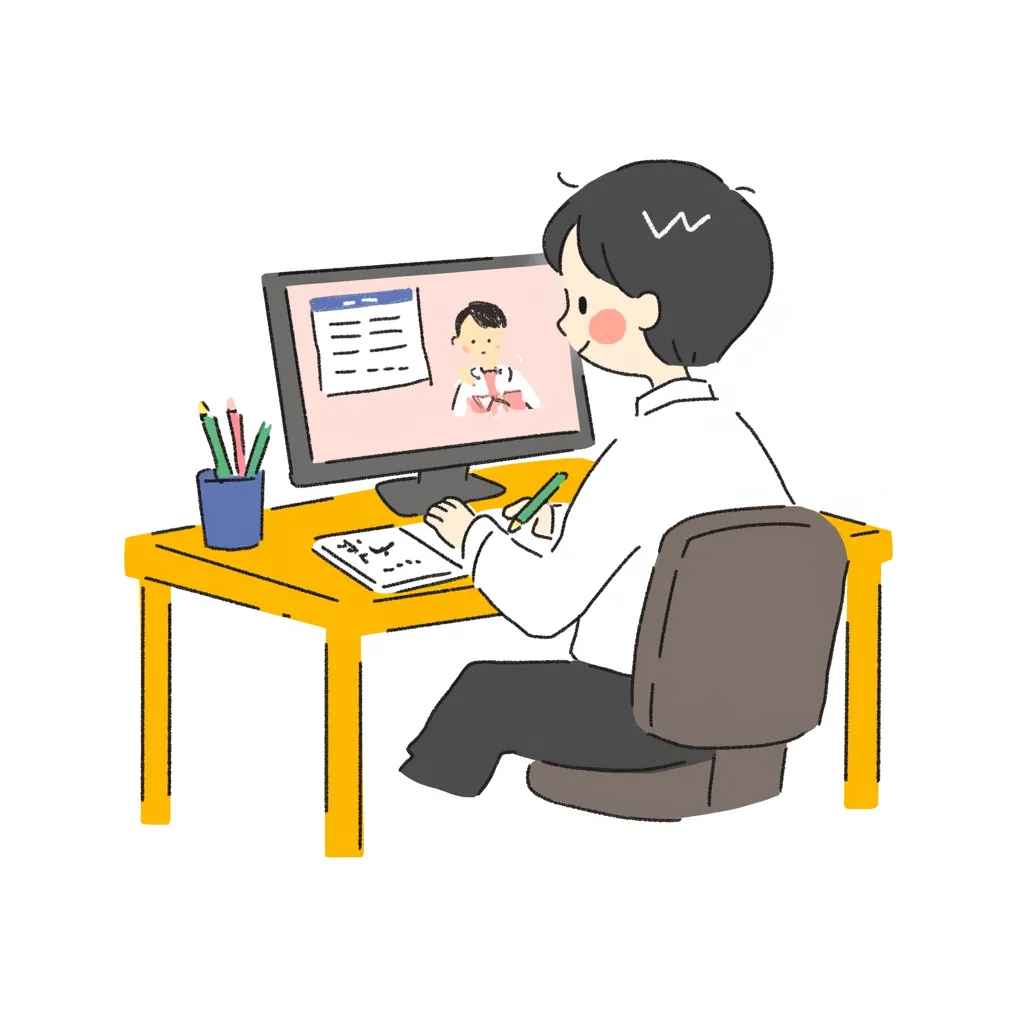 オンライン授業・真剣に講義を受ける男性｜デスクに座り、パソコン画面を見ながらオンライン授業に取り組む男性の姿を描いたイラスト。温かみのある色合いとシンプルなデザインが、落ち着いた学習の雰囲気を引き立てる。