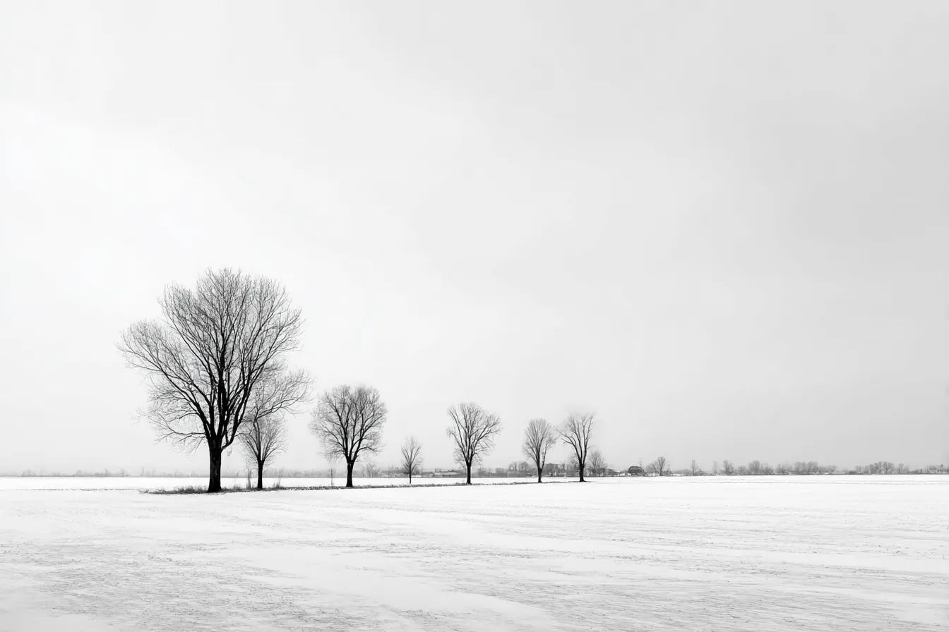 白黒背景に並ぶ雪原の木々｜雪景色に孤立する木々がリズムよく配置された構図。シンプルな要素で構成され、白黒背景が冬の静寂と広がりを印象づける。