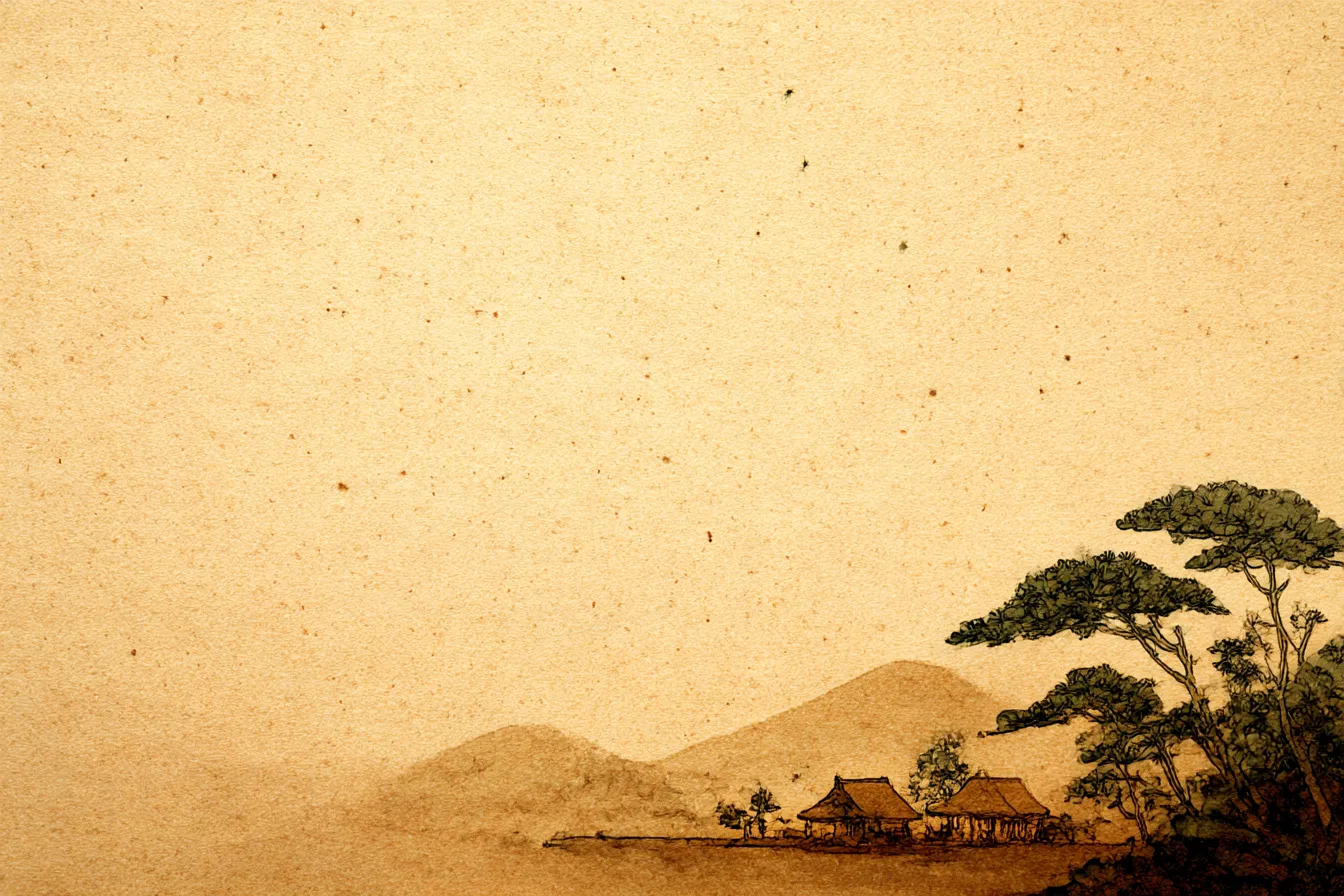 ベージュ背景に描かれた古民家と山並み｜和紙のような質感と手描き風の筆致が特徴の風景画。ベージュ背景が懐かしさと温かみを際立たせ、日本的情緒を穏やかに伝えている。