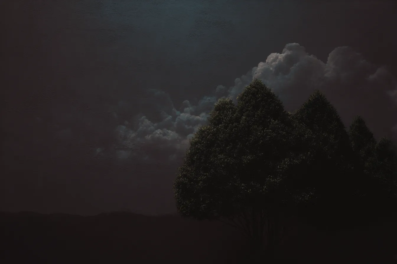 黒の背景に浮かぶ密集した木々｜夜空の下で樹木が影のように浮かぶ構図。雲がドラマチックに演出され、重厚感のある黒の背景が深い森の静寂を印象づける。