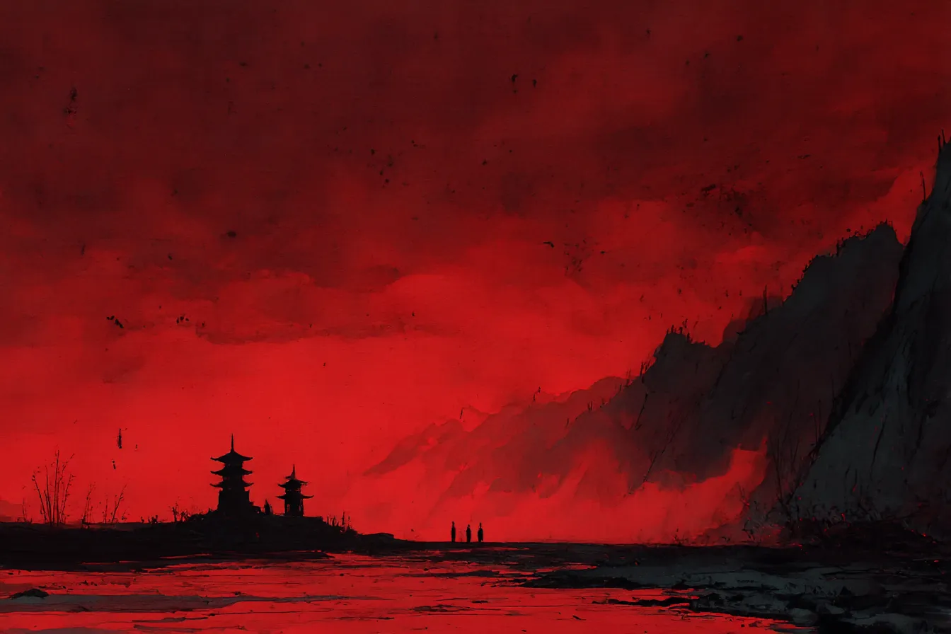 赤背景に浮かぶ山と寺のシルエット｜濃淡の赤が画面を支配し、山と寺が墨絵風に浮かび上がる構成。静と動のバランスが絶妙で、赤背景が緊張感と深みを同時に演出している。