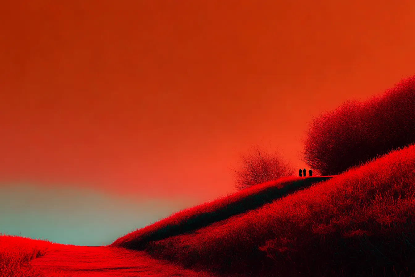 赤背景に立つ丘の木々と人影｜滑らかなグラデーションの空に、シルエット化された木々と人物が佇むシーン。印象的な赤背景が視線を惹きつけ、幻想的な夕暮れの情緒を伝える。