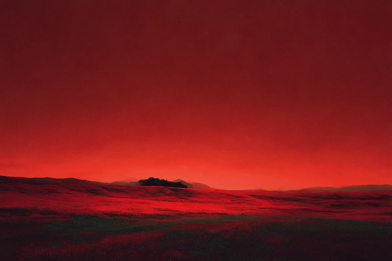 赤背景に広がる草原と遠い森｜遠景の森を囲む大地と空が赤一色に染まる大胆な構図。彩度の強い赤背景が荒涼とした自然の力強さと非日常的な空間感を印象づける。
