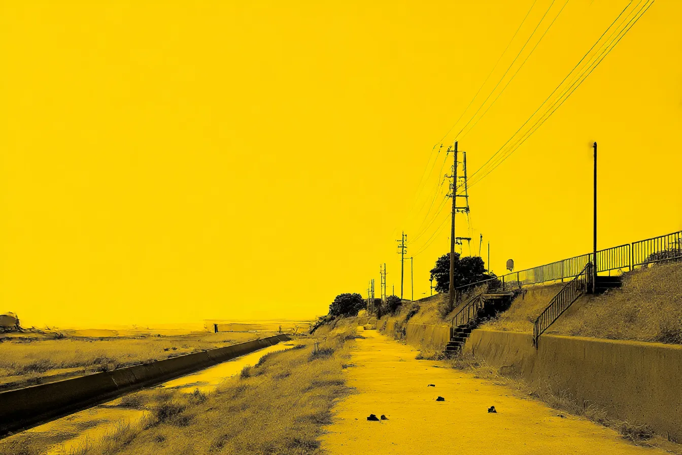 イエロー背景の郊外道と電柱｜郊外の舗装道に並ぶ電柱と空き地の風景をビビッドなイエロー背景で際立たせた構図。グラフィックアートのようなポップでノスタルジックな印象を与えます。