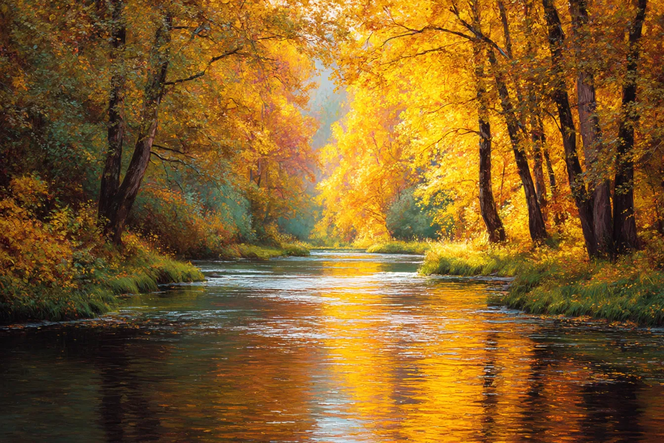 イエロー背景の秋色渓流の森｜秋の黄葉に染まる森林と渓流を鮮やかに描いた風景画。黄に彩られた木々と水面の反射が、イエロー背景の柔らかさと調和し、温かみのある雰囲気を生み出しています。