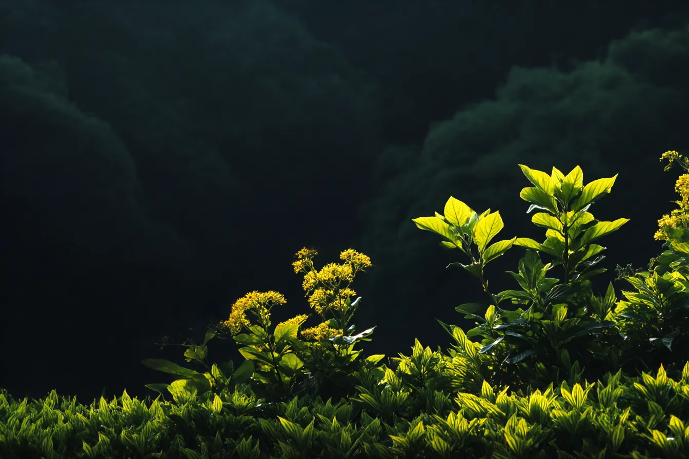 緑背景に映える草花の輝き｜深い森を背に日差しが射し込む草花が際立ち、緑背景との対比が鮮やかで落ち着いた自然美を感じさせる静謐な構図です。