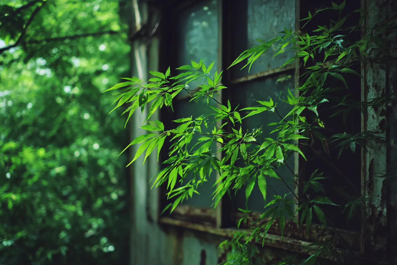 緑背景と廃屋に伸びる枝葉｜古びた建物の窓辺に自然が入り込む一瞬を切り取った画で、緑背景により生命の息吹が引き立ち印象深い雰囲気が生まれています。