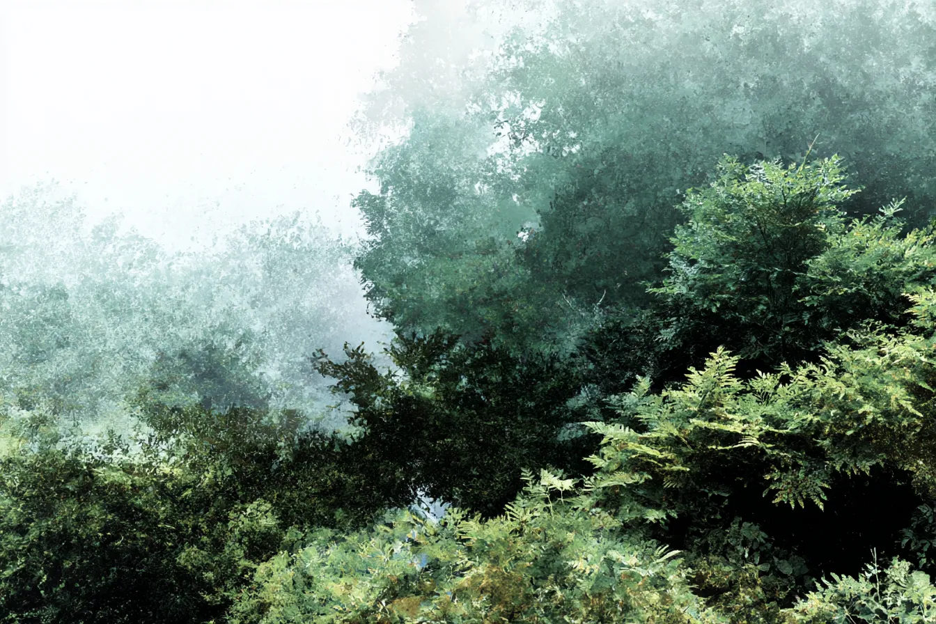 緑背景に浮かぶ霧の木立｜霧の中に溶け込むような葉のテクスチャが特徴で、緑背景との組み合わせにより幻想的で静寂な空気を醸し出しています。